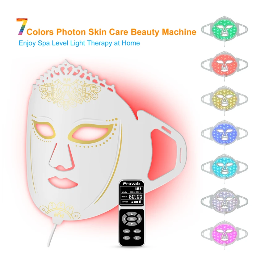 Frovab-mascarilla Facial Suave con 7 luces LED, máscara de terapia de silicona roja y azul, terapia de luz LED, blanqueamiento Facial y de cuello