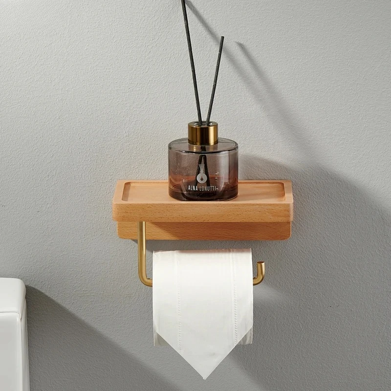 Toilet Roll Holder Brass Wood Napkin Holder Tissue Box Toilet Paper Holders Home Wall-mounted Storage Rack Paper Towel Holder