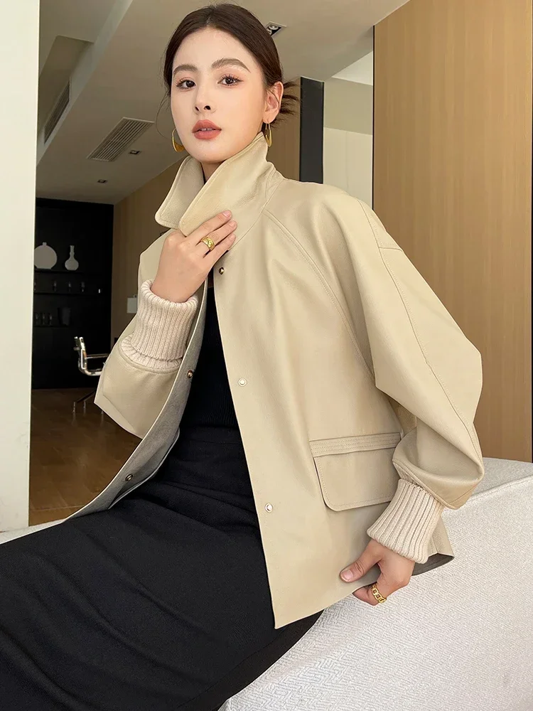 High-end Casual Cropped Genuine Leather Jackets for Women 2024 New Trend Ribbed Knitted Cuff Design Natural Sheepskin Coat