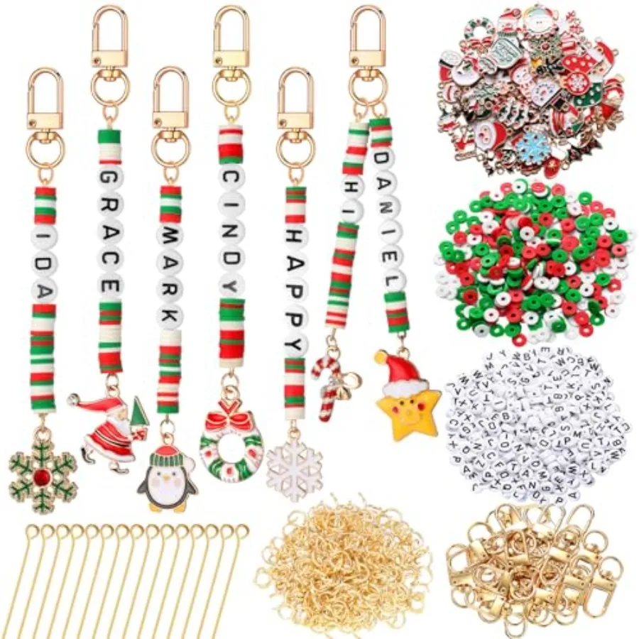 

2823 Pcs Christmas Bead Keychain DIY Craft Making Kit Christmas Key Ring Charms Letters Beads String for Xmas Gift Jewelry Key