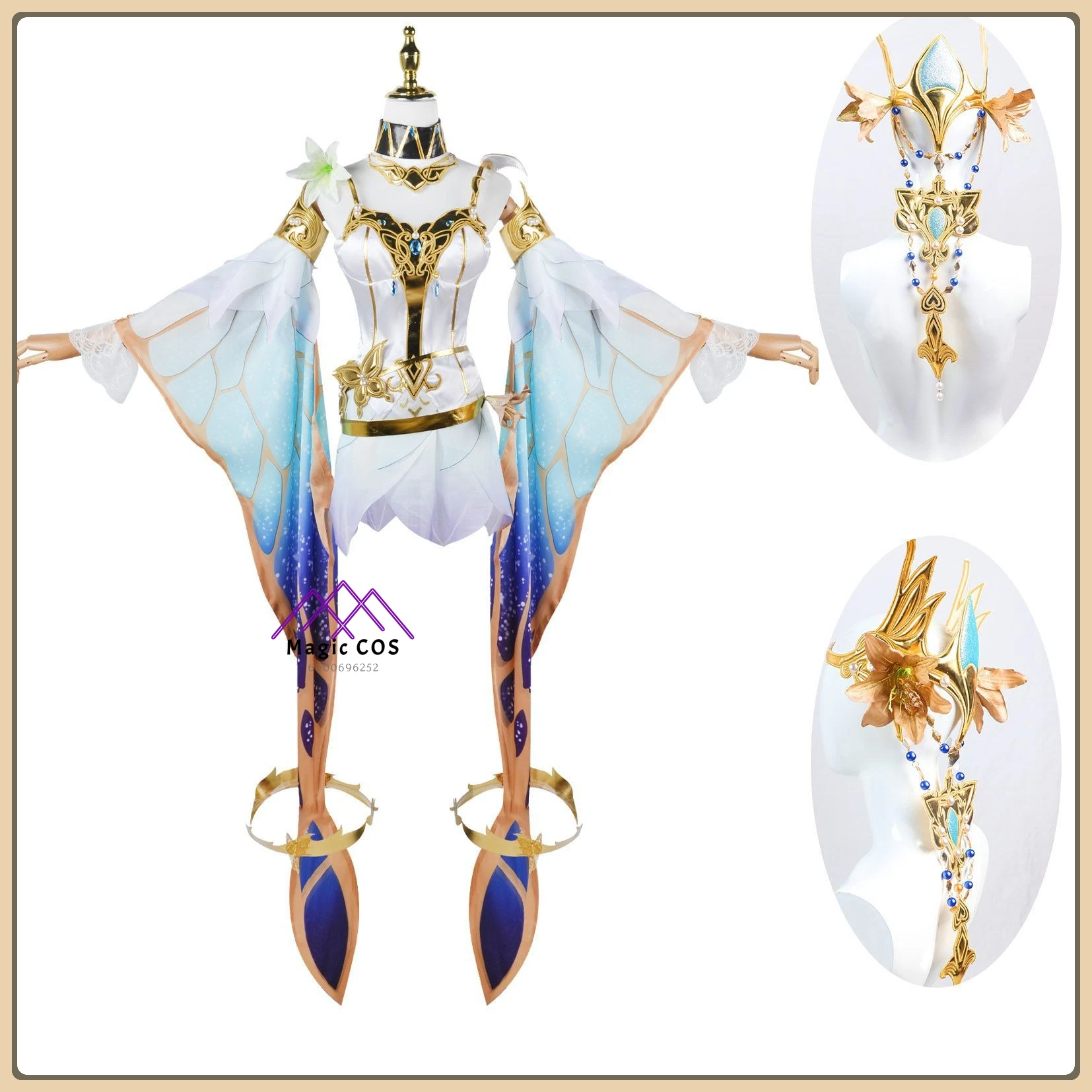 

Game King of Glory Diao Chan Cosplay Full Set New Golden Midsummer Night's Dream Outfit + Wig + Butterfly Props Anime Clothes