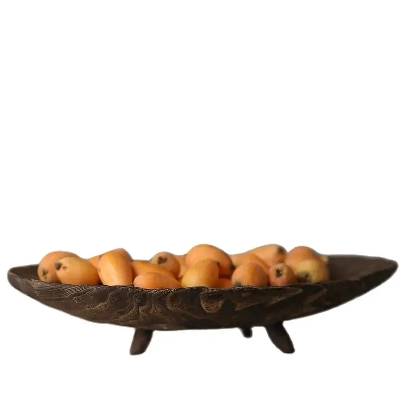 Natural INS Vintage Countryside Style Wood Fruit Snack Breakfast Large Tray Oval Flat Plate Fruit Tray Beautiful Decorative