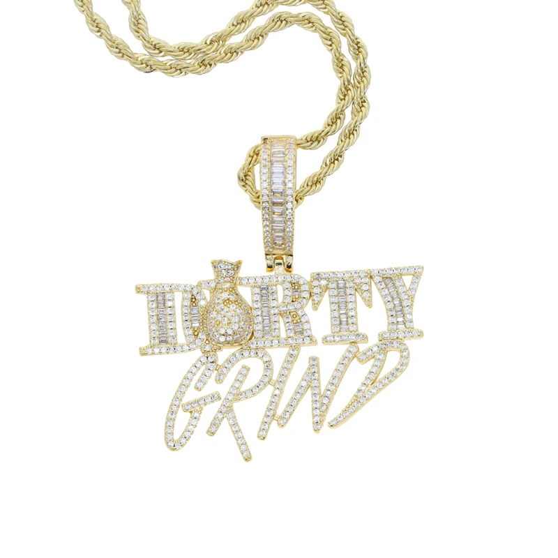 Iced Out Money Collection Micro Pave CZ Dollar GRIND Pendant Bling Letter Charm Necklace Pendant for Men Boy Hip Hop Jewelry