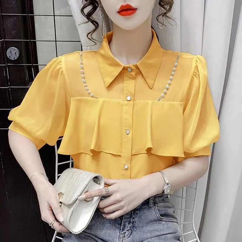 Sweet Solid Color Patchwork Shirt Summer Female Single-breasted Elegant Ruffles Chic Pearl Chain Fashion Polo-Neck Blouse 2023