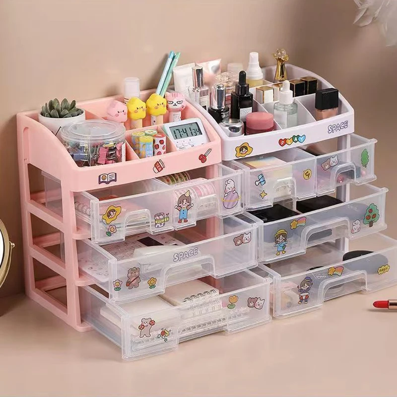 Transparent Cosmetic Storage Box Desktop with Drawer Organiser Dresser Lipstick Makeup Case Storage Stationery Storage 3 Layers