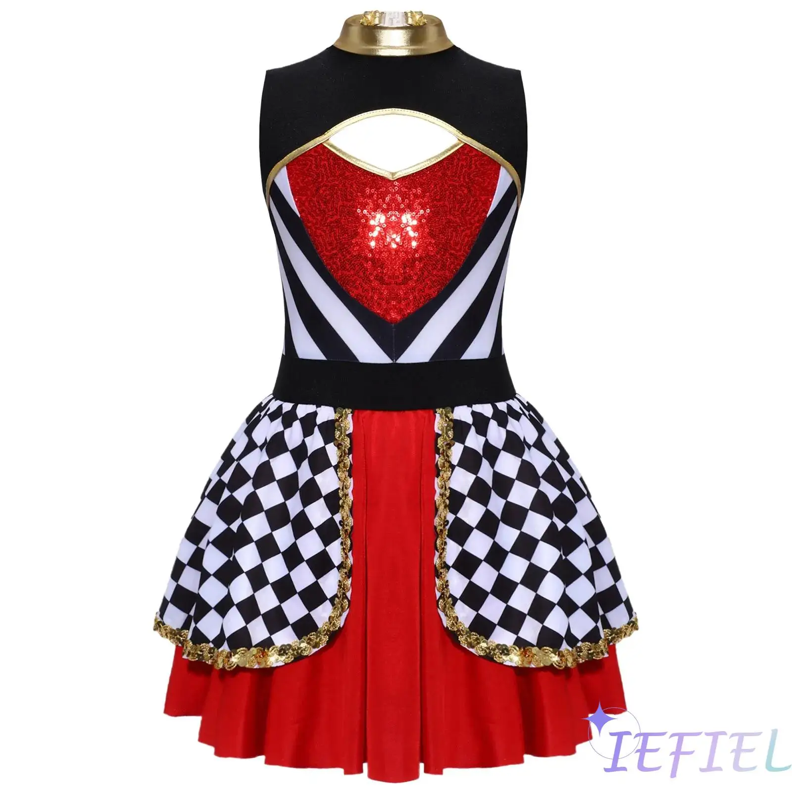 

Kids Wonderland Queen Costume Girls Sparkly Sequins Dress with Bow And Built In Briefs for Halloween Party Fancy Dress Up
