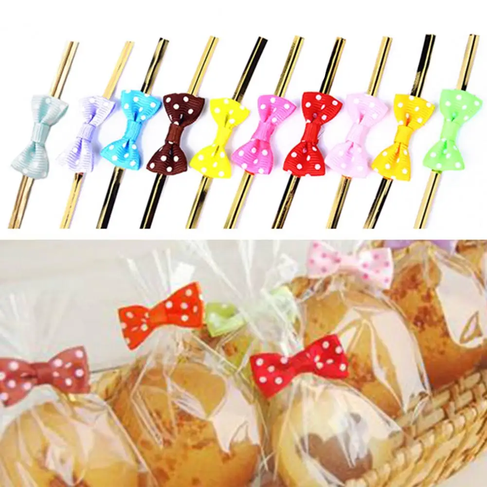 100pcs Bow Tie Wrapping Golden Wire Bowknot Binding Lollipop Candy Packaging Bags Fastener Sealing Fixed Ties Gift Box Supplies