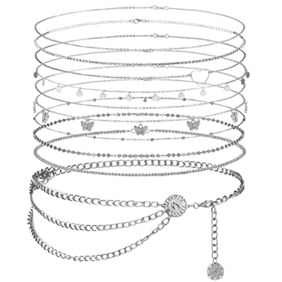 

Lenwen 10 Pcs Summer Beach Belly Chain Adjustable Waist Multi Layered Chain Waist Jewelry for Women Girls Multilayer Body