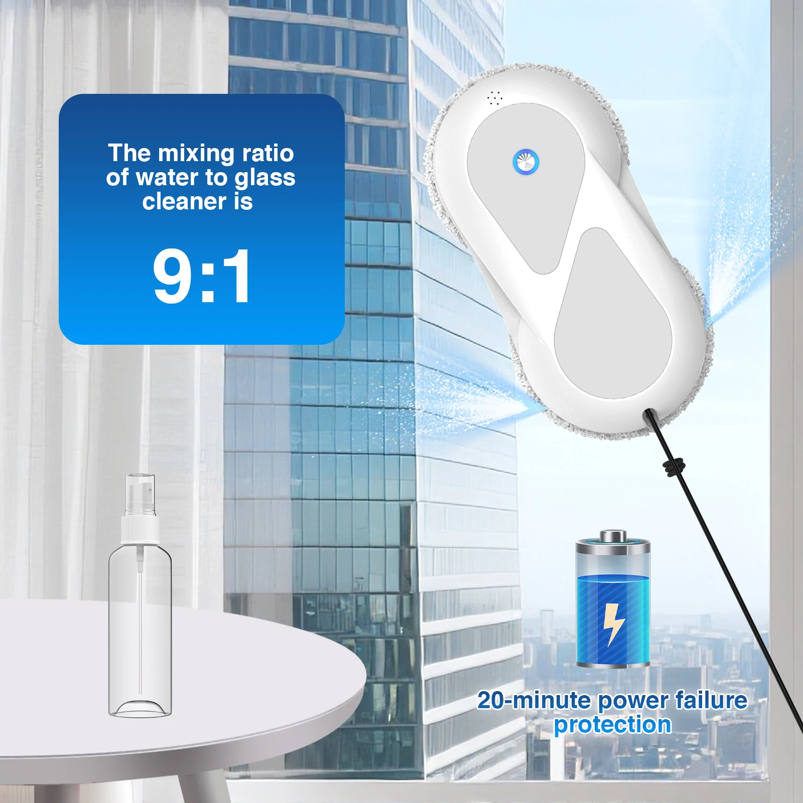 5600Pa Fensterputzroboter mit Fernbedienung und Sicherheitsleine – 60ml Tank Haushaltsgerät Elektrischer Glasreiniger zum Fensterputzen – Detail 2