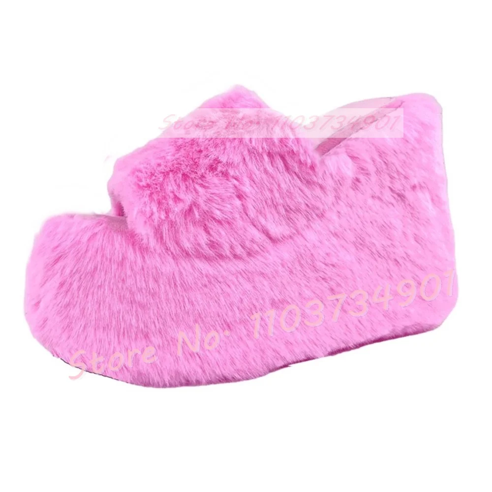 Pink Furry Platform Wedge Slippers Women Stylish Fur Open Toe Girls Lovely Party Shoes Female Elegant Round Toe Fluffy Slippers