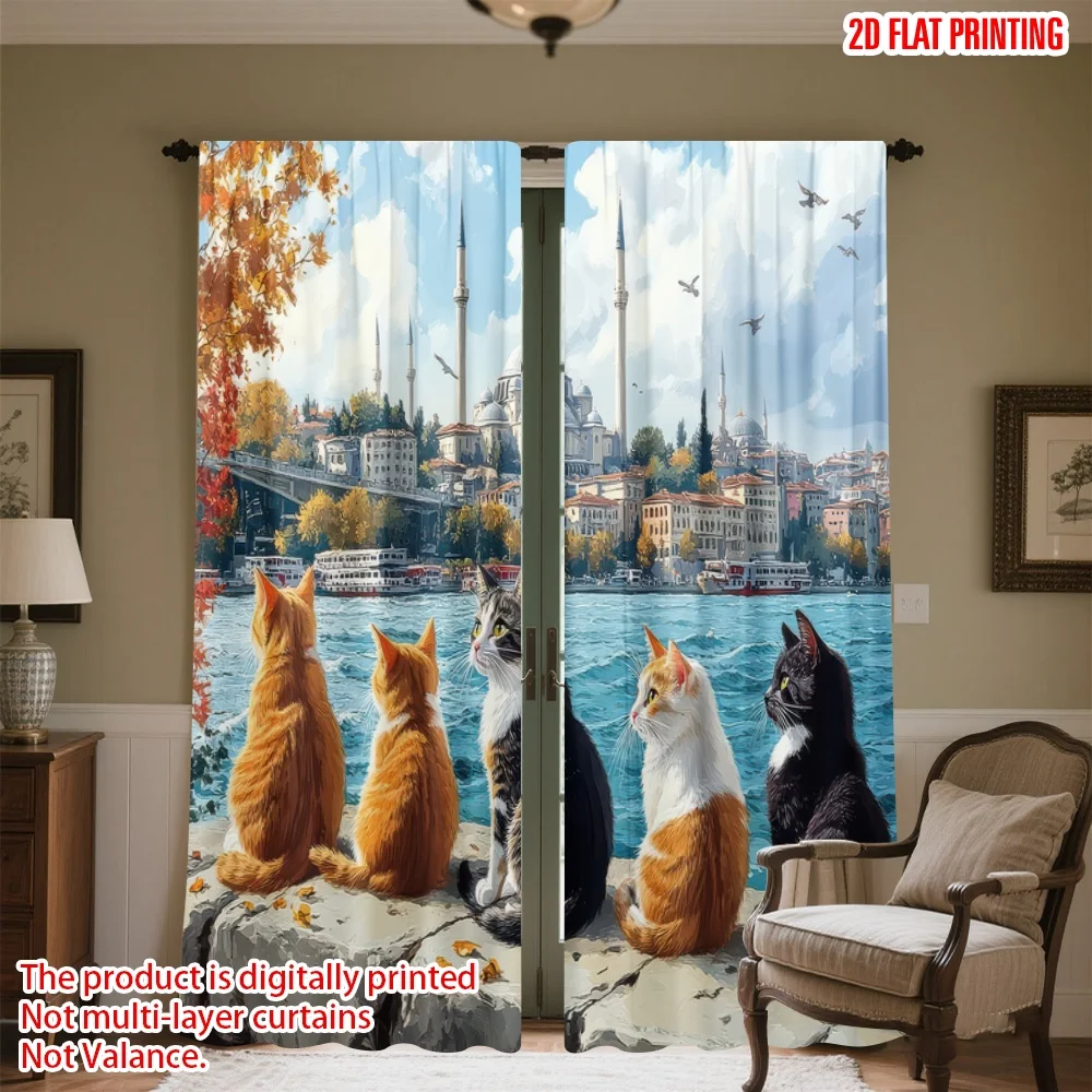 

2D flat printing 2pcs Drapes Cats by the Bosphorus Digital Printed Polyester Drapes Birthday Party for Festive for Bedroom
