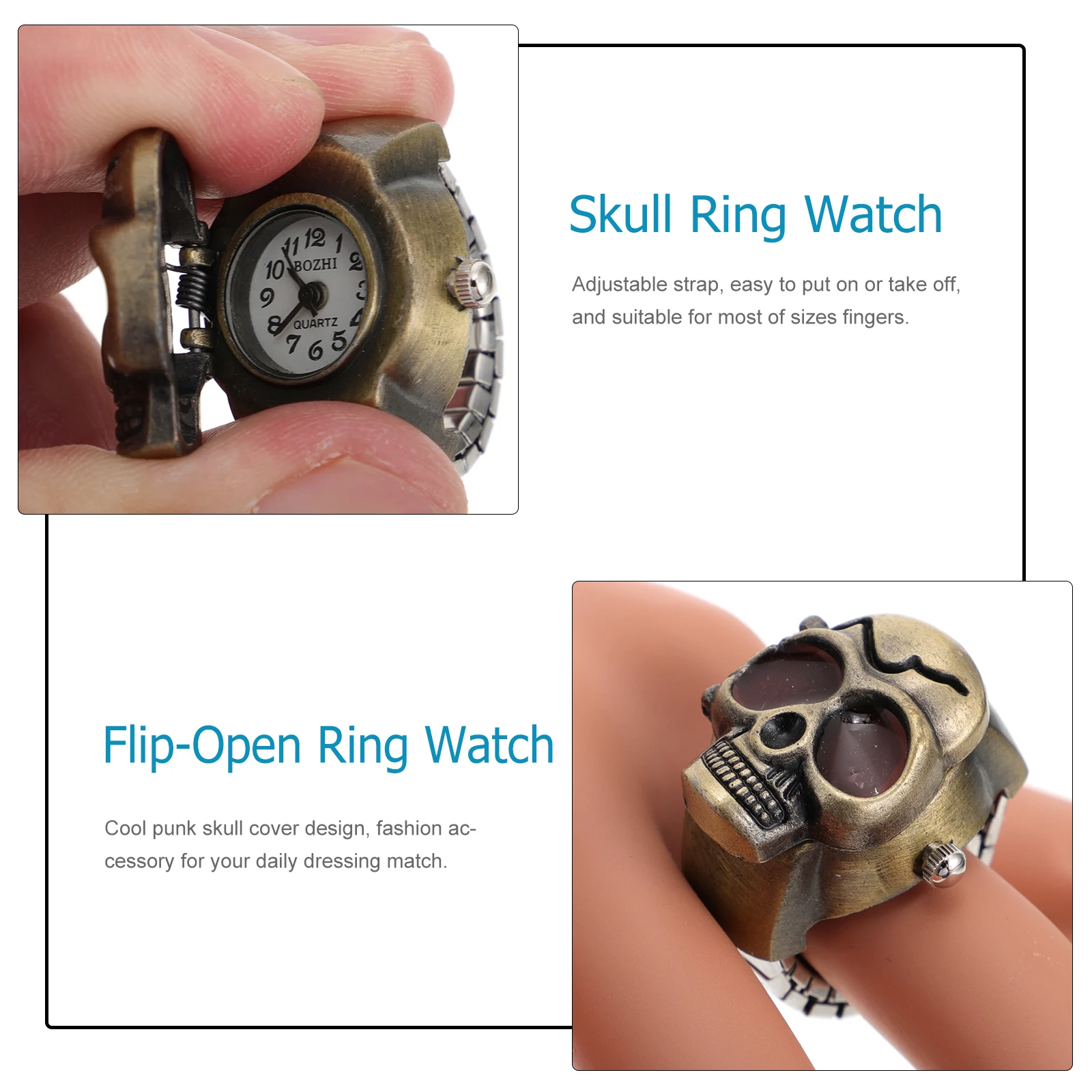 

2pcs Clamshell Ring Vintage Skull Finger Watch Adjustable Flip-Open Design Mini Ring Watch For Punk Style Fashion Accessory