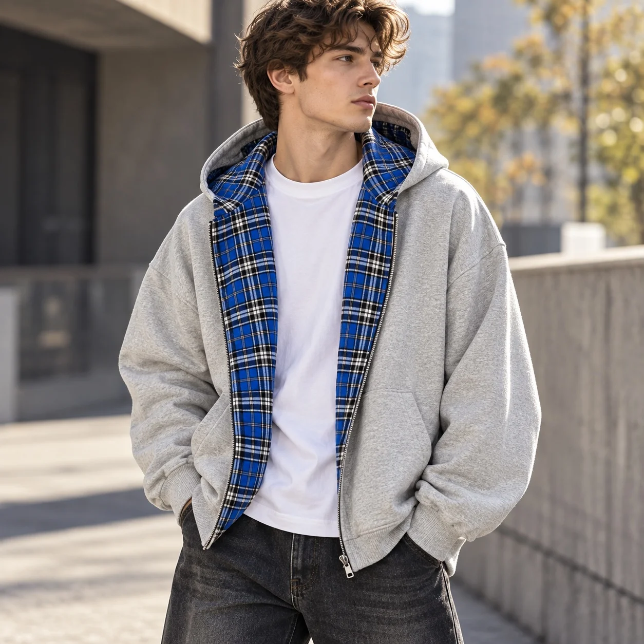 Plaid Patchwork Set Loose Fit Casual with Zipper Pocket Autumn Long Sleeve Winter Hooded Daily Men Hoodies and Sweatshirts