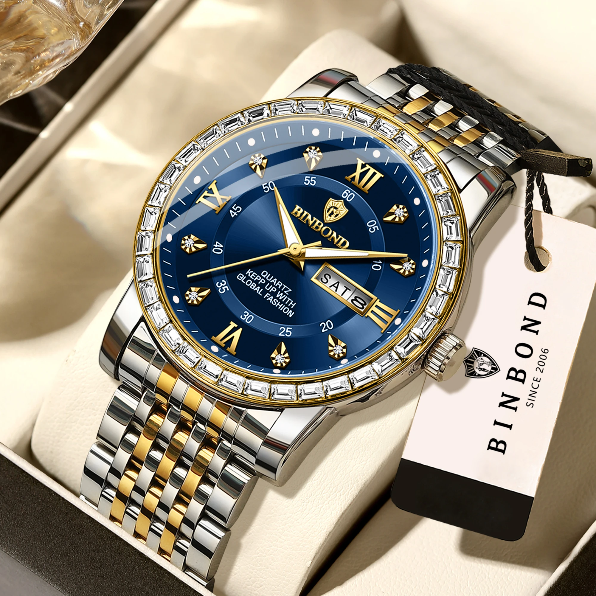 BINBOND Auto Date Week Display Precise Quartz Watches For Men Luxury Luminous Waterproof Men's Watch Durable Casual Reloj