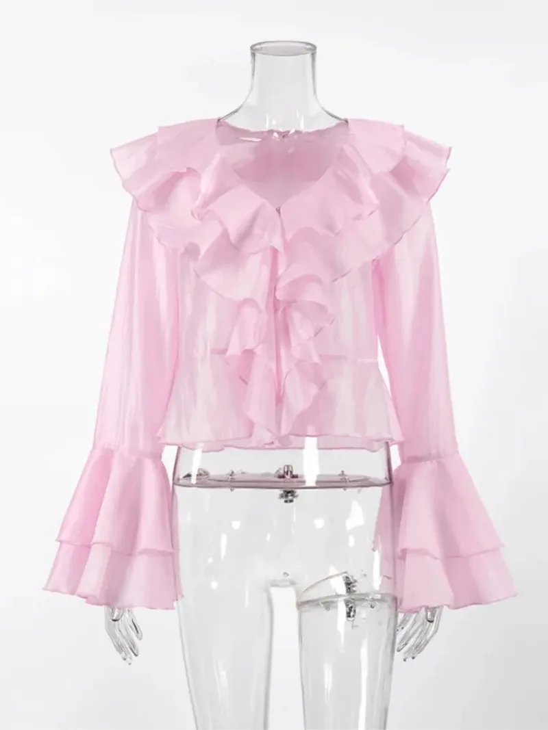 Pink Chiffon Shirt For Women 2025 Fashion Spring Summer With Layered Ruffle Edges V-neck Trumpet Sleeves Short Blouse Streetwear