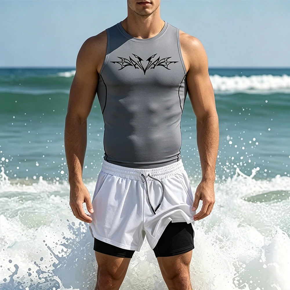 Mens Compression Sleeveless Vest Double Layer Shorts Set Quick Dry Multi Pockets Hollow Wing Crest Print Gym Running Outfit