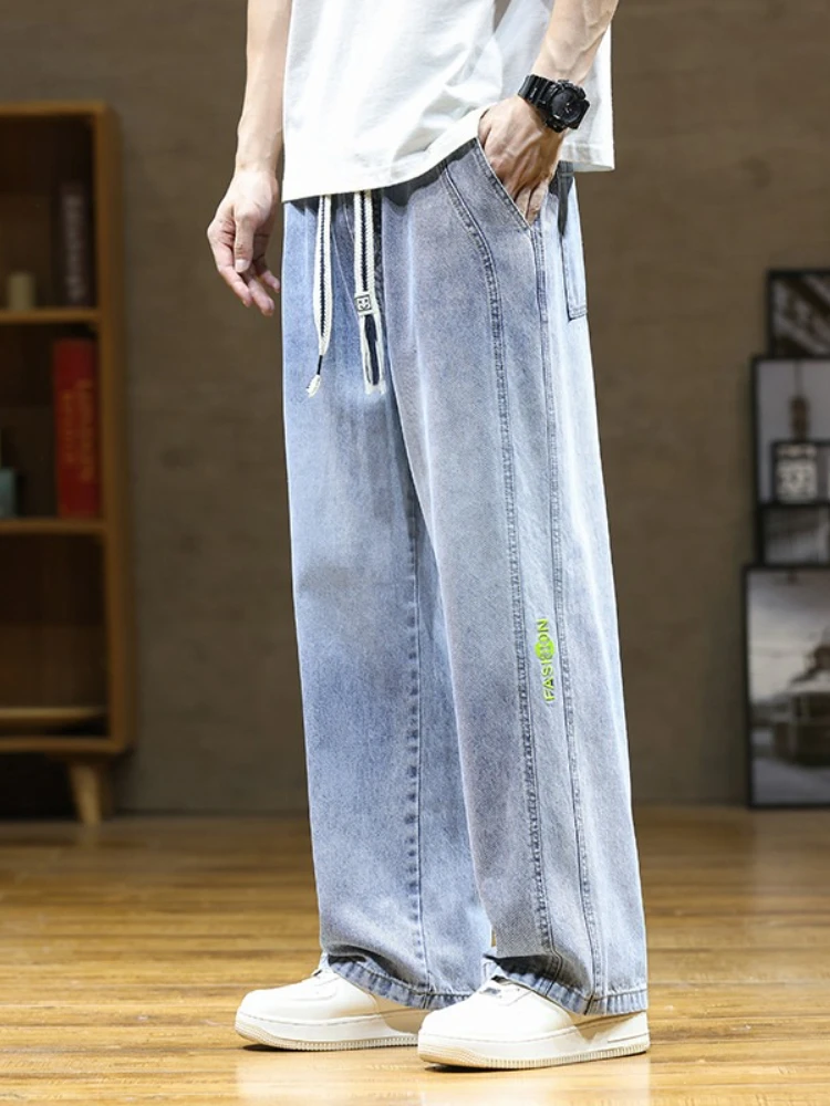 

Autumn New Casual Jeans Men's Elastic Waist Comfortable Loose Streetwear Korean Baggy Male Wide-leg Denim Trousers