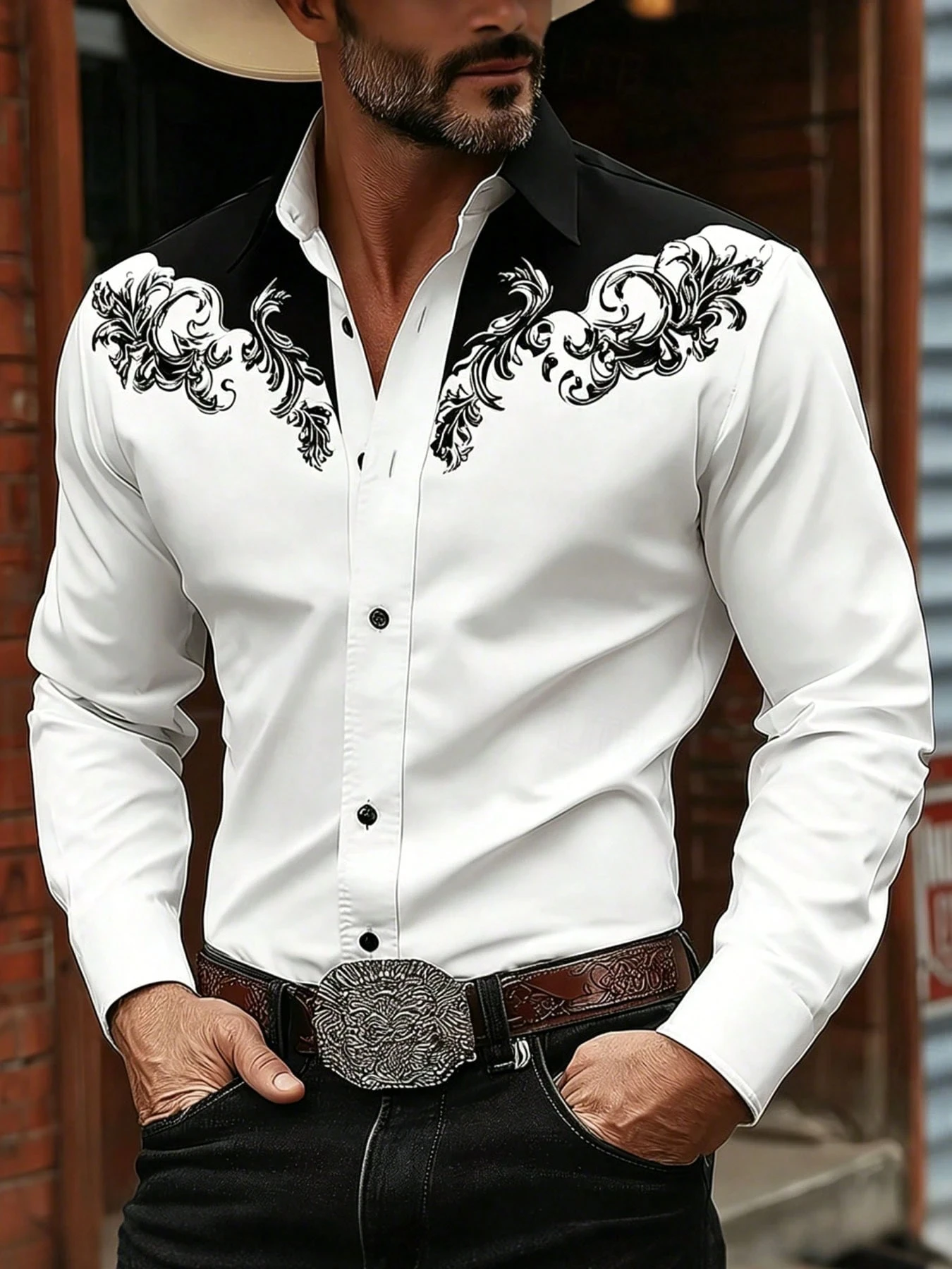Men Western Style Black White Baroque Scroll Shoulder Print Long Sleeve Shirt Turn‑down Collar Button Up Cowboy Casual Shirts