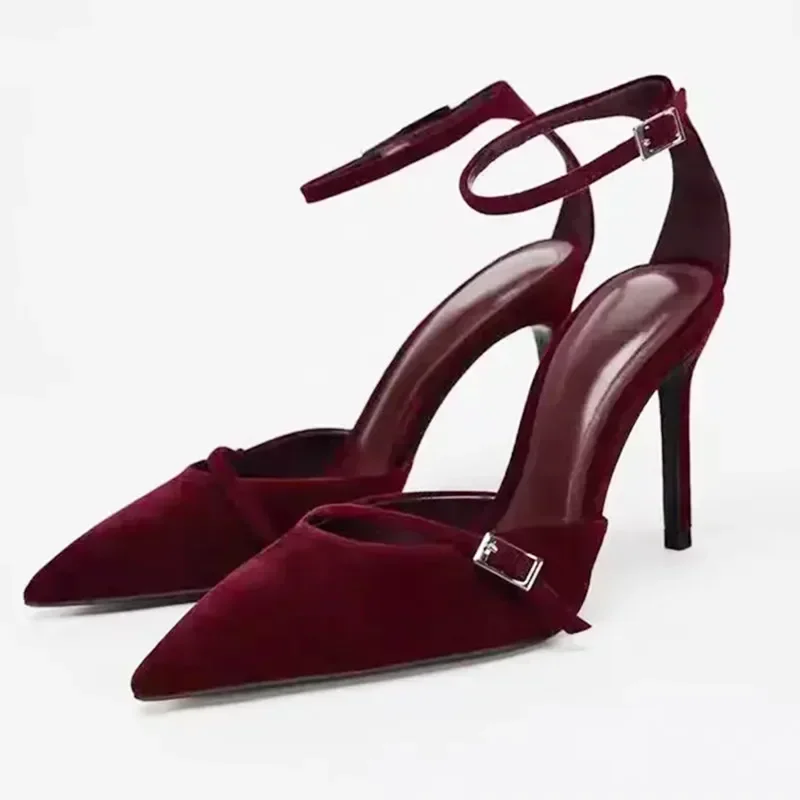 

Burgundy Satin High Heels Women Luxury Pointed Toe Ankle Strap Buckle Designer Shoes Elegant Banquet Dress Shoe Zapatos De Mujer