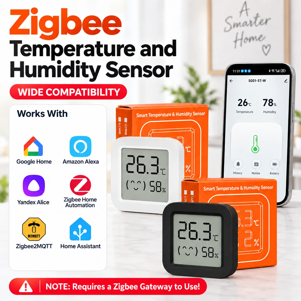 Zigbee 3.0 Mini-Temperatur- und Feuchtigkeitssensor mit LCD-Anzeige, Zigbee-Gateway erforderlich, funktioniert mit Yandex Zigbee2MQTT und Alexa