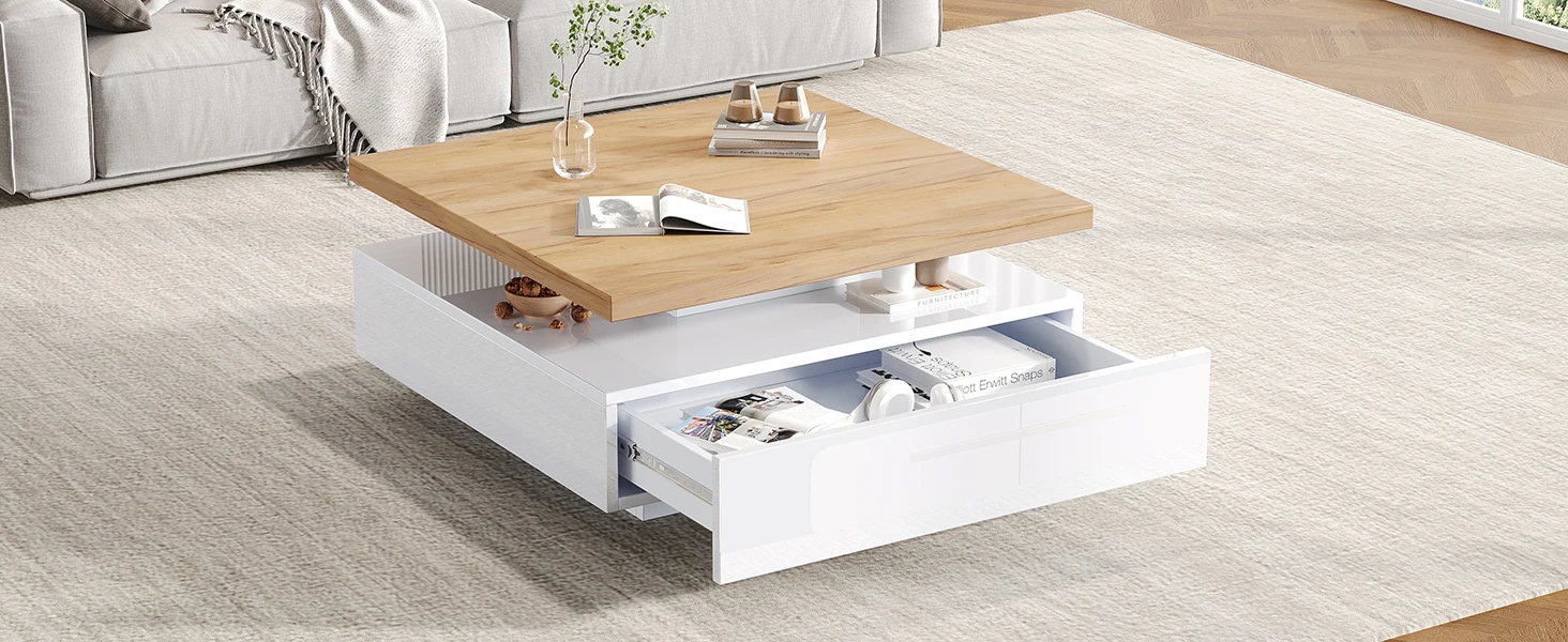 Weißer Hochglanz Kaffee-Schwenktisch mit 360°-Drehung, 2-stufig & Schublade, Nussbaum-Rahmen – Wohnzimmer-Beistelltisch – Detail 3