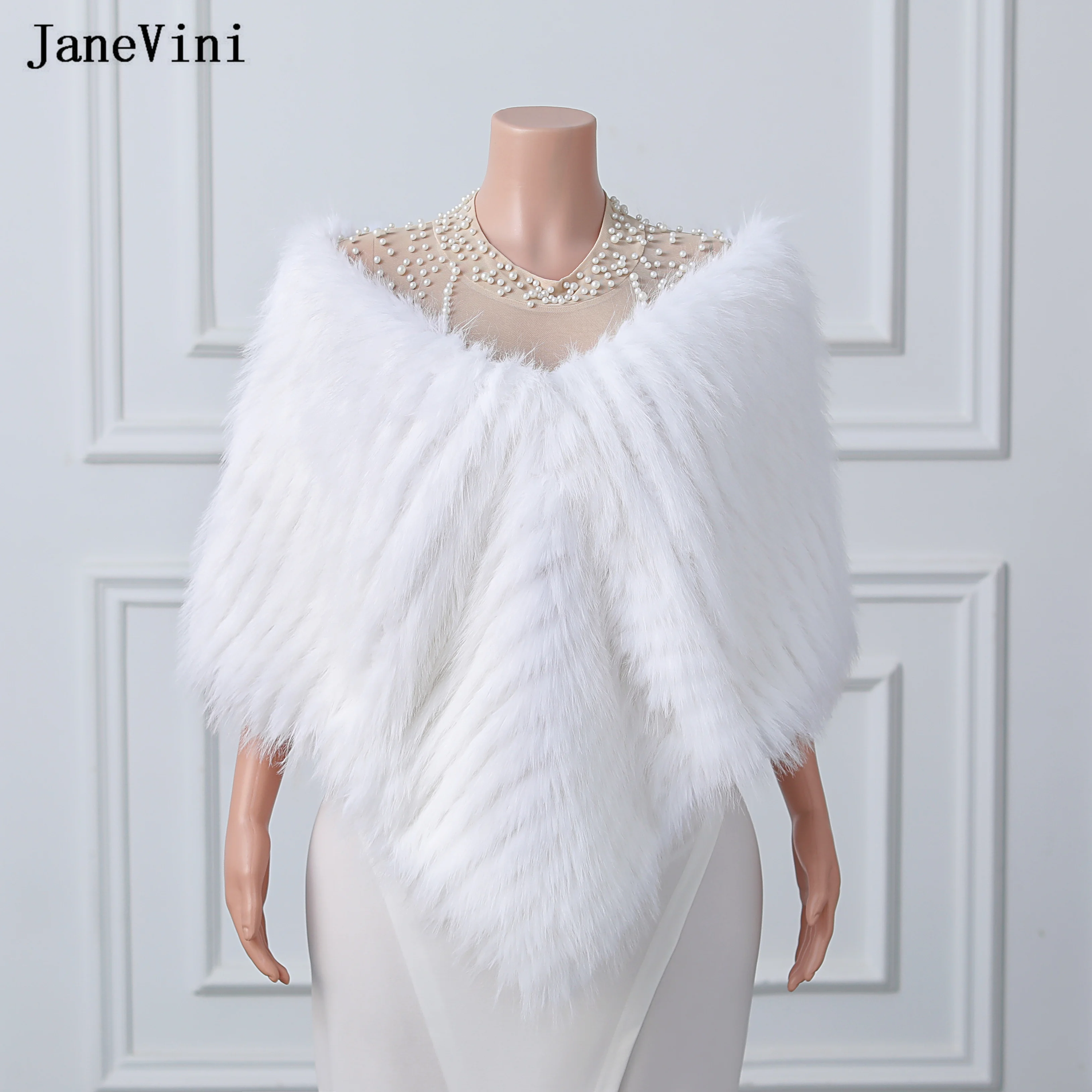 

JaneVini New Elegant White Bridal Bolero Faux Fur Wrap Woman's Shrug Cape Bride Winter Cloak Wedding Party Shawl Jacket Cover Up