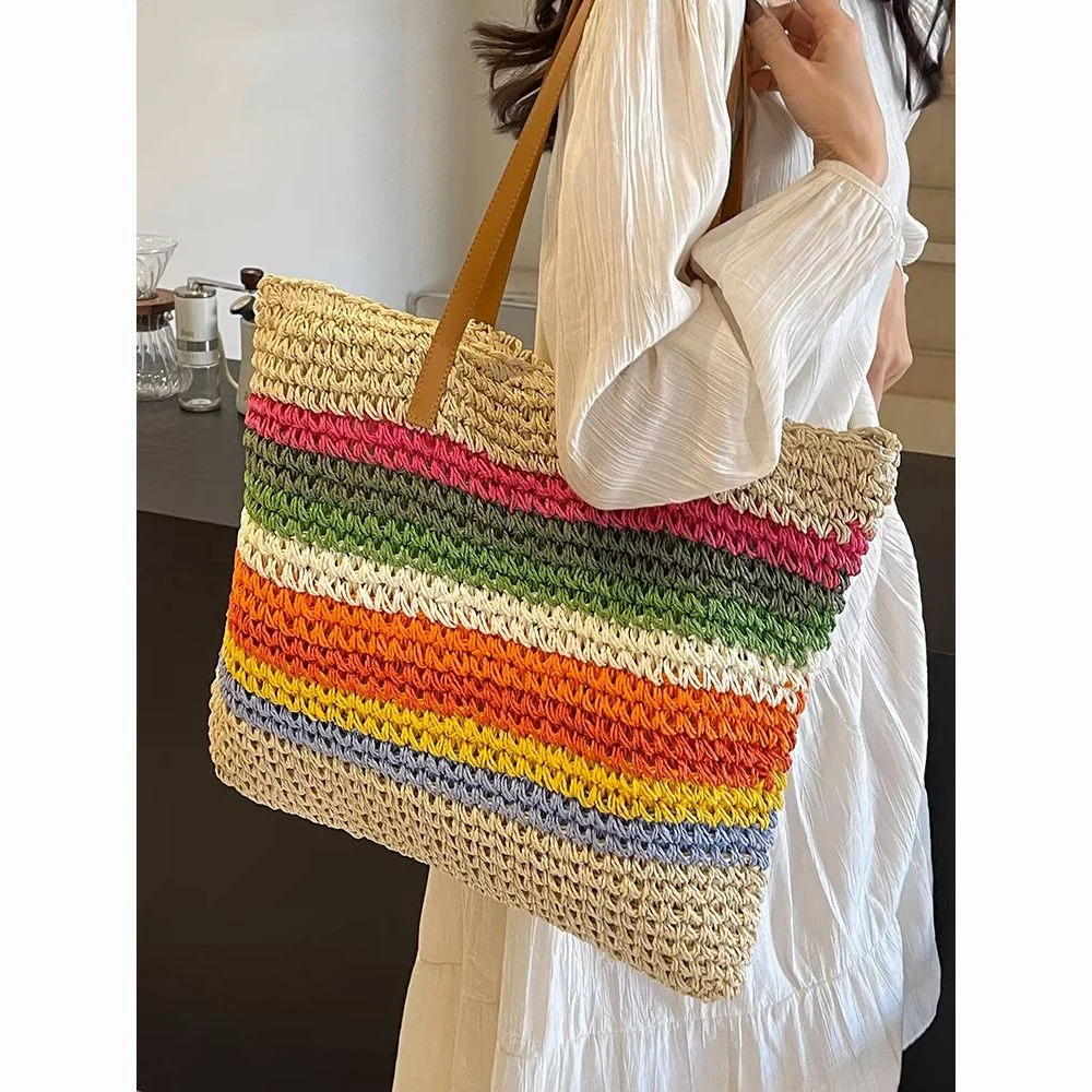 Rainbow Clashing Stripes Handmade Woven Straw Bag Lightweight Casual Hundred Seaside Vacation Shoulder Bag