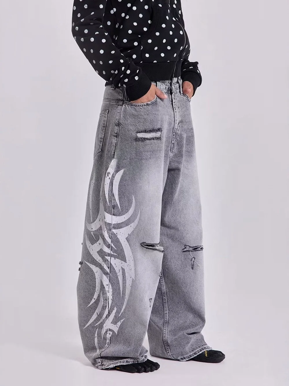 Trendy Men's Distressed Wide Leg Jeans Printed Loose Fit Casual Cotton Straight Cut Full Size Fashion Street Style