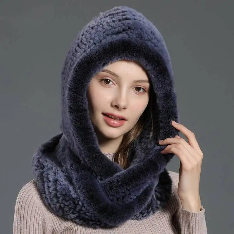 Real Rex Rabbit Fur Hat Hooded Scarf Winter handmade Knitted fur Hats Woman Warm Fur Hat With Neck Collar Russian Women Caps