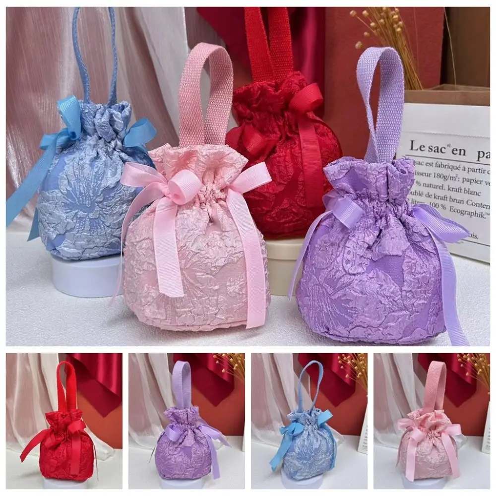 Mesh Flower Canvas Floral Drawstring Bag Large Capacity Satin Bow Festive Sugar Bag Jewerly Packing Bag Coin Purse Wallet