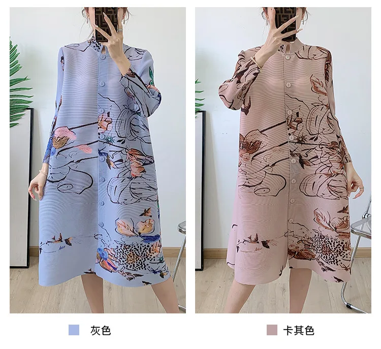 Miyake Plissee-Cardigan-Kleid 2025, Frühjahr, neue mittellange, einreihige, modische, lockere lange Jacke mit mehreren Knöpfen