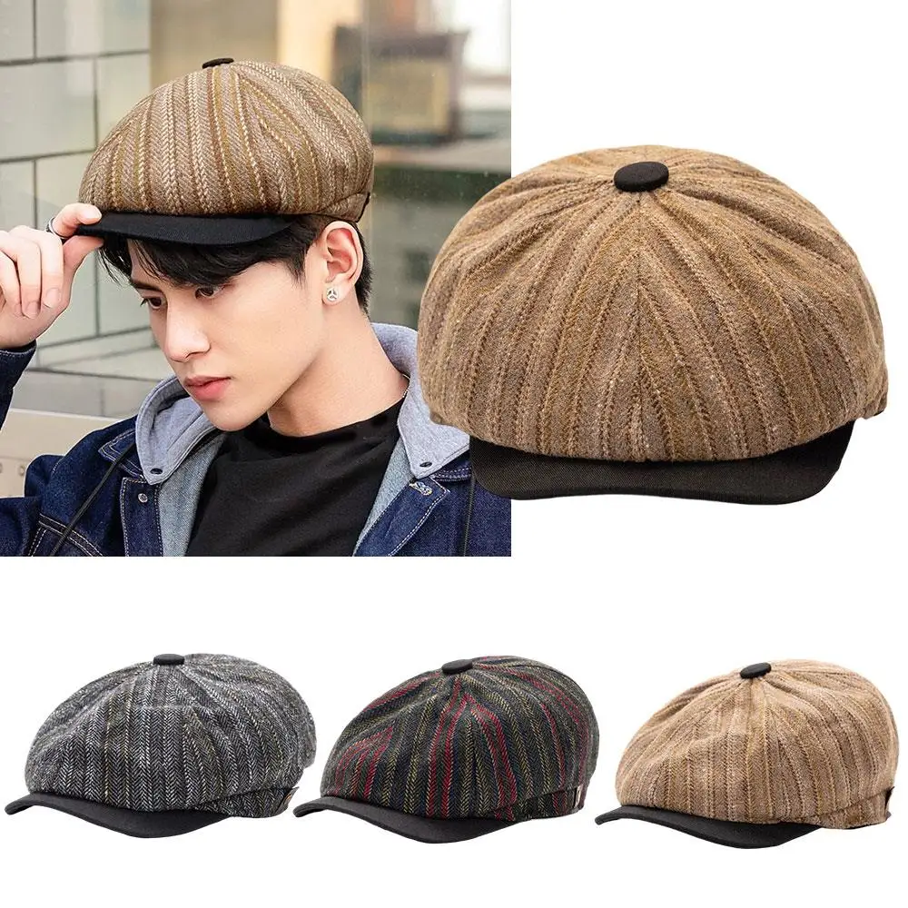 

Flat Men's Caps Short Brim Beret Cap Striped Spliced Artist Painter Hat Outdoor Newsboy Hat Unisex Octagonal Hat Luxury Bonnet