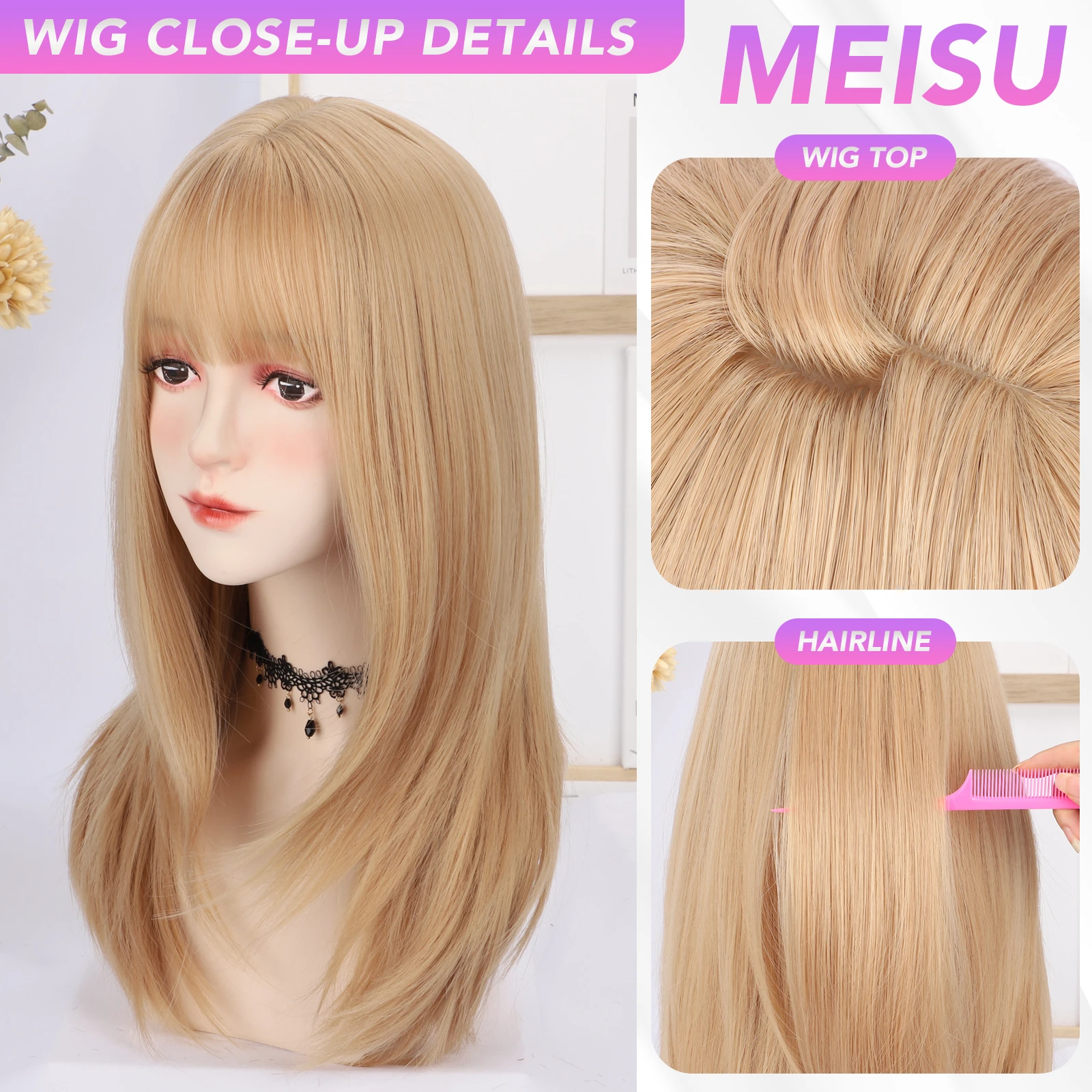 MEISU 22 Inch Long Straight Bangs Wig Fiber Synthetic Wig Heat-resistant Non-Glare Natural Cosplay Hairpiece For Women Daily Use