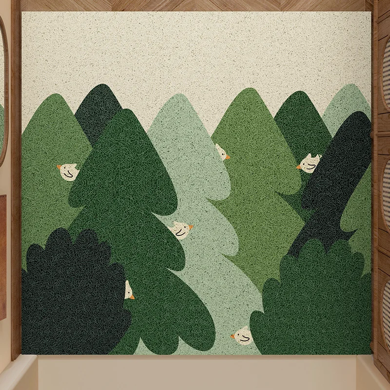 Anti-Slip Cuttable Wire Loop Entrance Mat Green Forest Design Dirt Resistant Scraping Floor Mat for Home Entryway