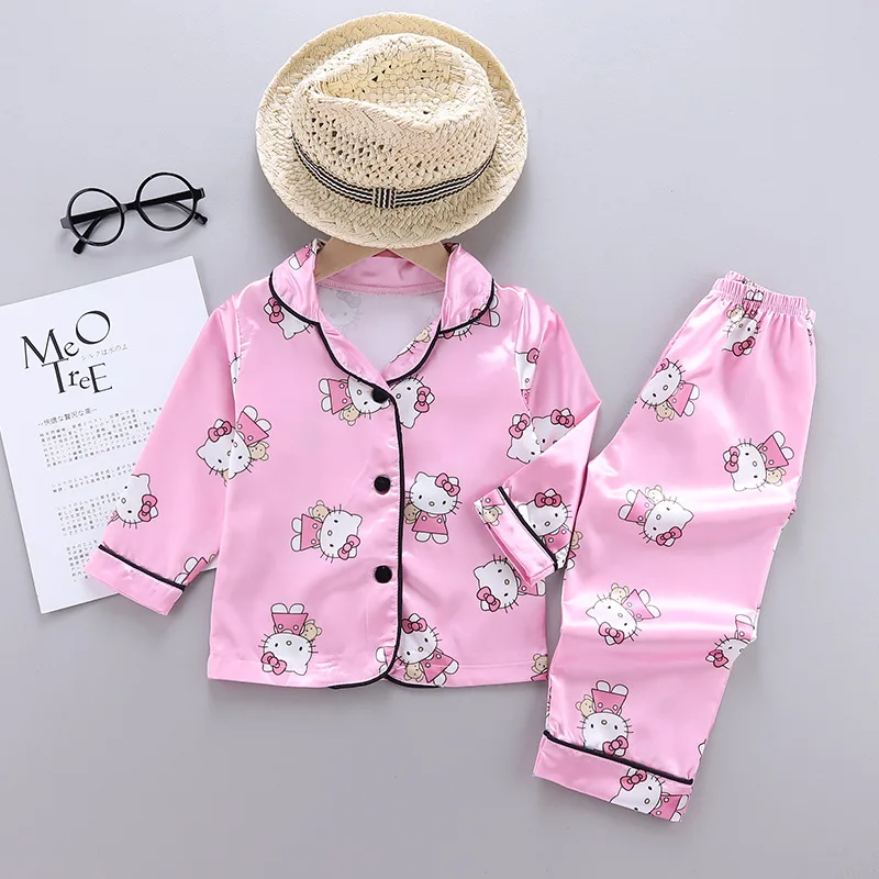 Children Silk Satin Pajamas Set Baby Boys Girls Cartoon Dinosaur Tops Trousers 2Pcs Spring Autumn Kids Satin Set Home Sleepwear