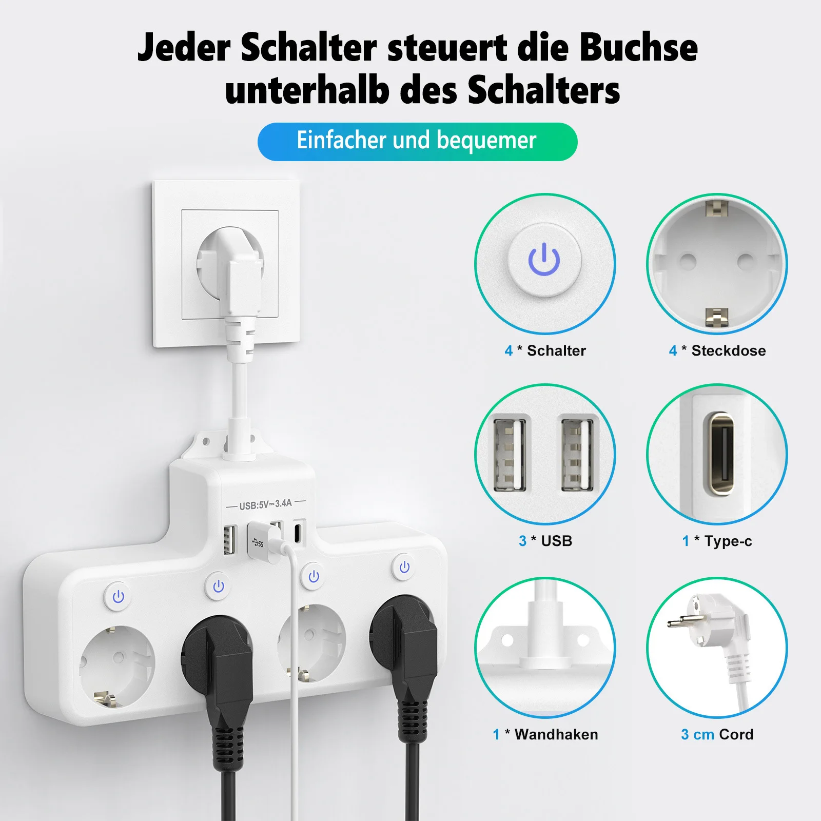 EU Power Strip Surge Protector with Individual switch, Multi Plug Multiple Socket 4AC Outlets 4 USB Potrs Fast Charging