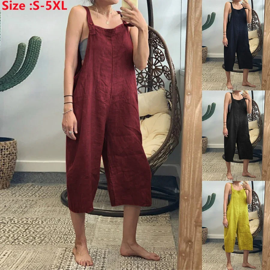 

2023 Women's Summer Casual Jumpsuit Solid Oversized Loose Wide Leg Bib Overalls Sleeveless Cotton Linen Elegant Outfits Female