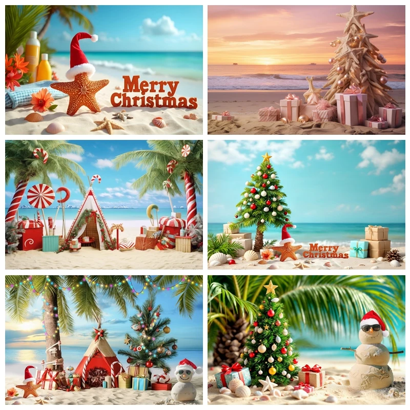 

Christmas Backdrop Banner Tropical Beach Xmas Family Holiday Party Photography Background Summer Hawaiian Photo Backdrop Props