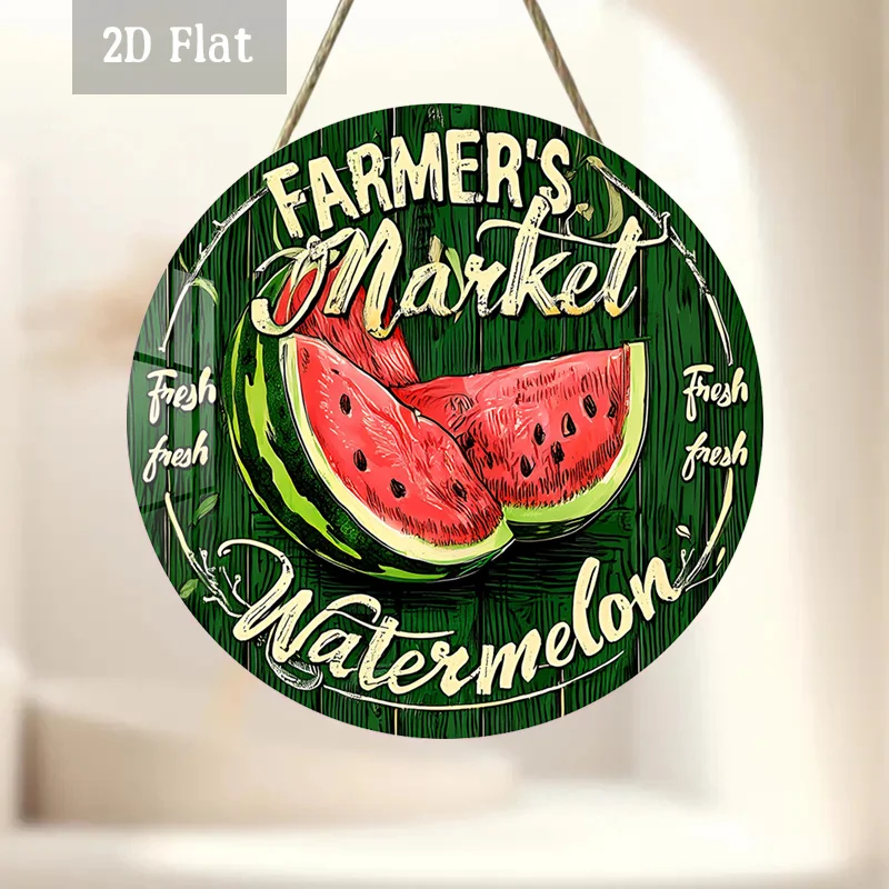 2D Flat, 1pc Fresh Watermelon Wood Panel Painting, Farmer Market Round Wall Decor Summer Produce Round Wooden Decoration, Harves