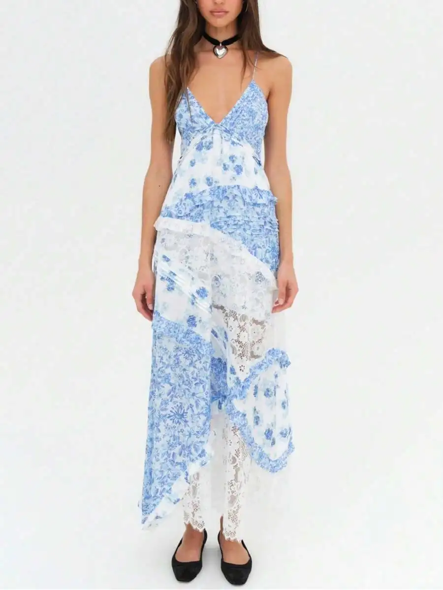 

Women Patchwork Floral Spaghetti Strap Maxi Dress Cut Out Backless Summer Beach Sundress