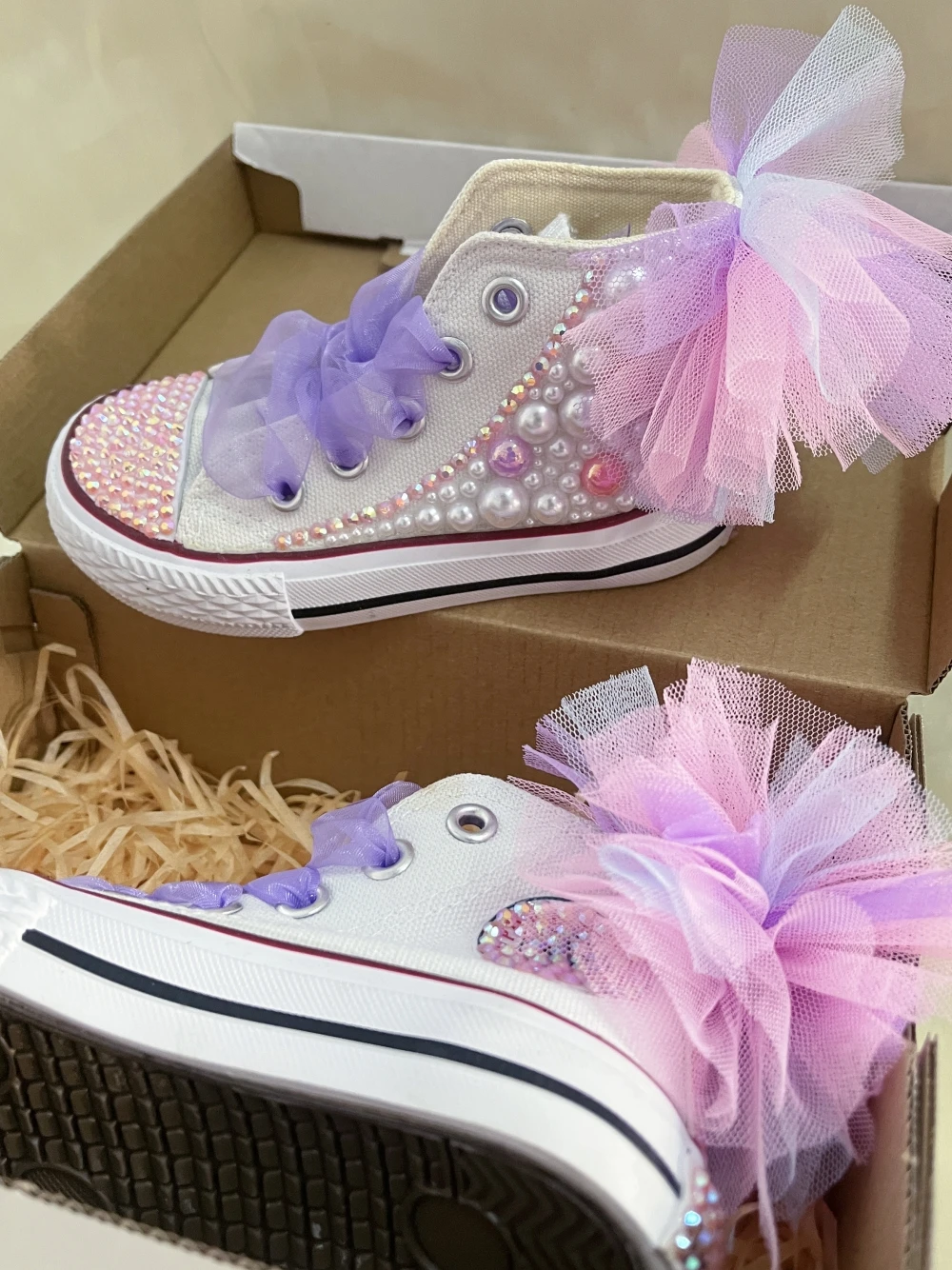 Mesh Flowers Kids Canvas Shoes Handmade Pearls Unicorn Bling Shoes Baby Butterfly Theme Party Toddler Sneakers