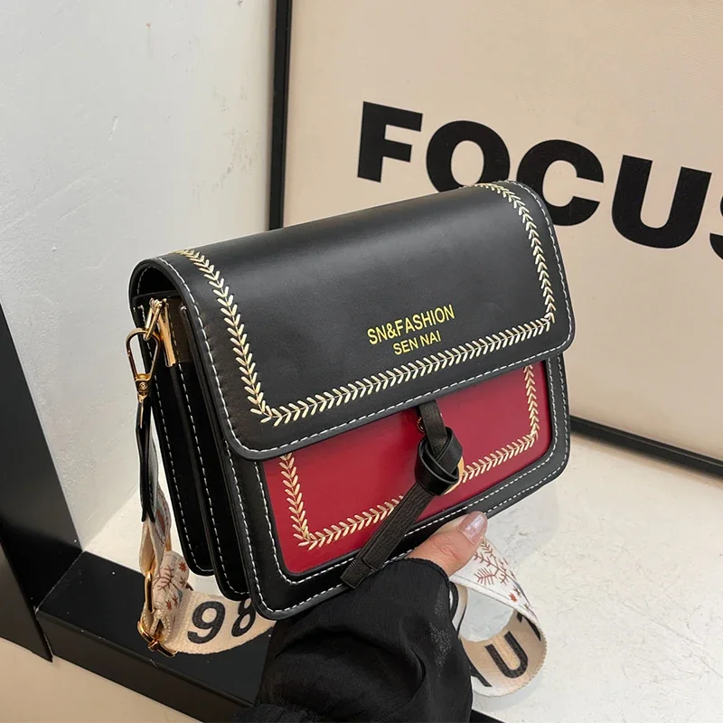 

Contrast Color PU Leather Crossbody Bag Lady Fashion Embroidery Shoulder Strap Handbag And Purse Pu Leather Flap Messenger Bag