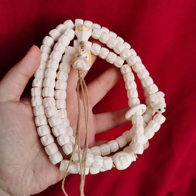 Deer bone and passion fruit seed 108 carved beads cloud- back integrated three-hole carving circle-shaped