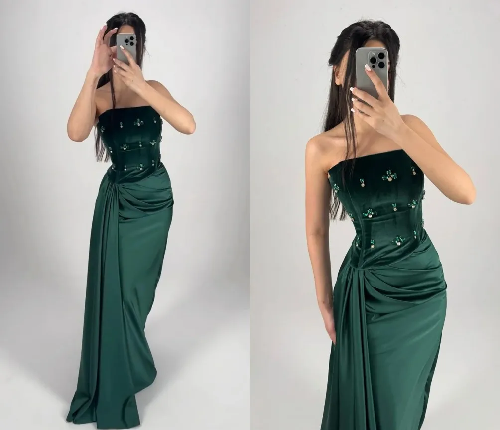 

Sexy Green Evening Pageant Dress Strapless Crystal Beads Satin Pleats Long Mermaid Prom Formal Gowns Robe De Soiree