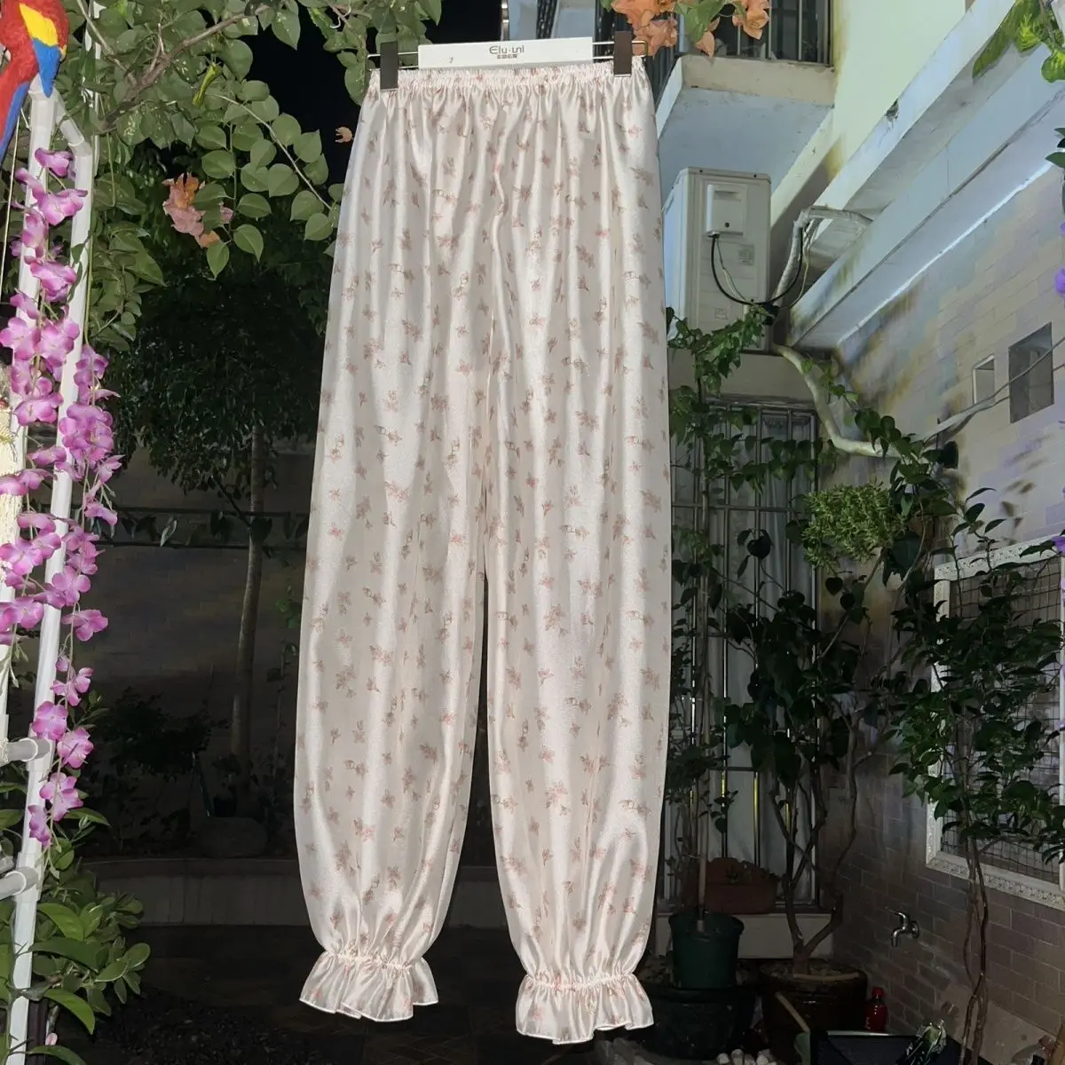 Floral print thin glossy pajamas pants Women men lantern sleeping bottoms plus size trousers