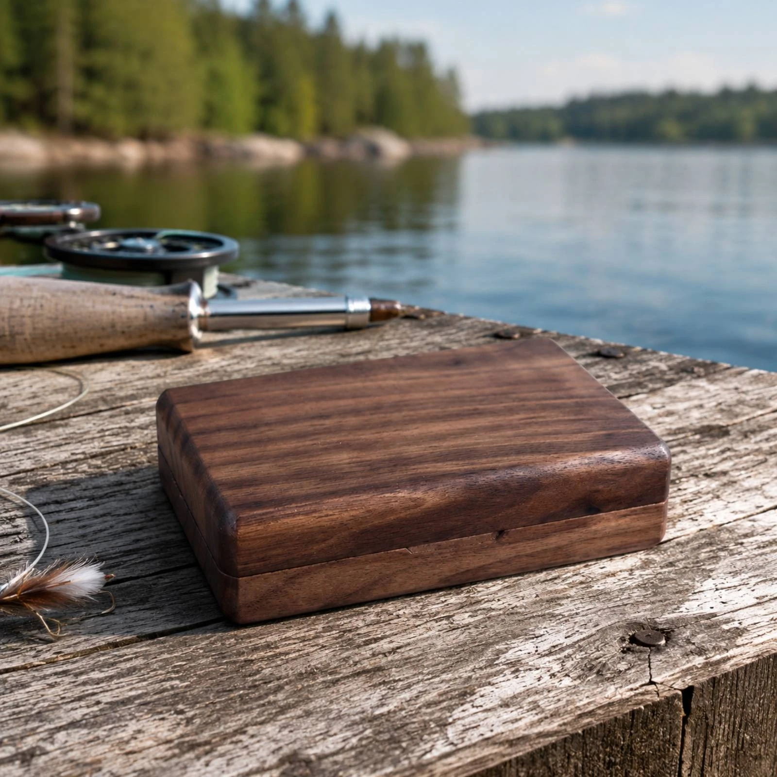 Black Walnut Wood Fly Box Lightweight Wooden Fly Box with Magnetized Closure Portable Compact