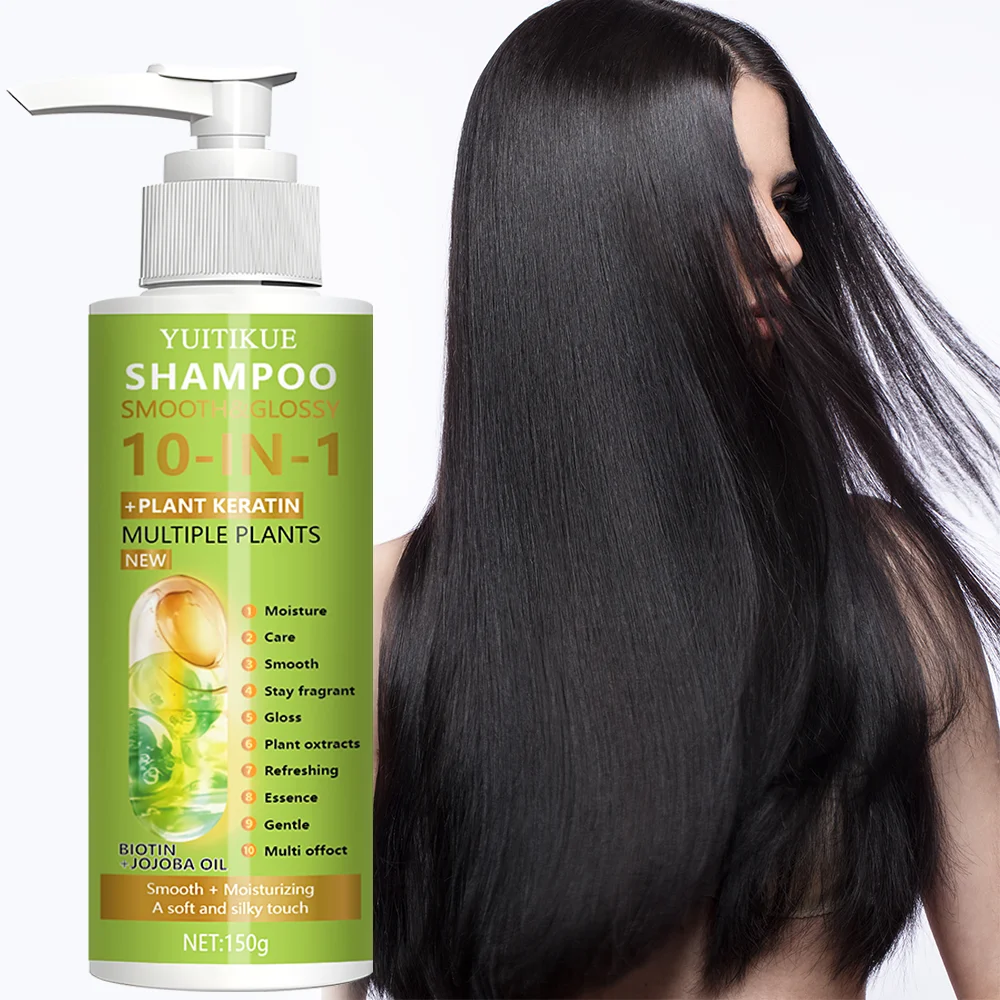 Champú de queratina 10 en 1 con fórmula de aceite de biotina y jojoba, suaviza, brilla, hidrata, 10 beneficios de reparación importantes