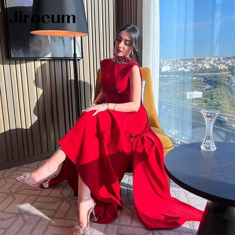 Jirocum-vestido de noche rojo con espalda descubierta para mujer, vestidos de fiesta de graduación con cuentas, largo hasta el suelo, ocasión Formal de Arabia Saudita personalizada