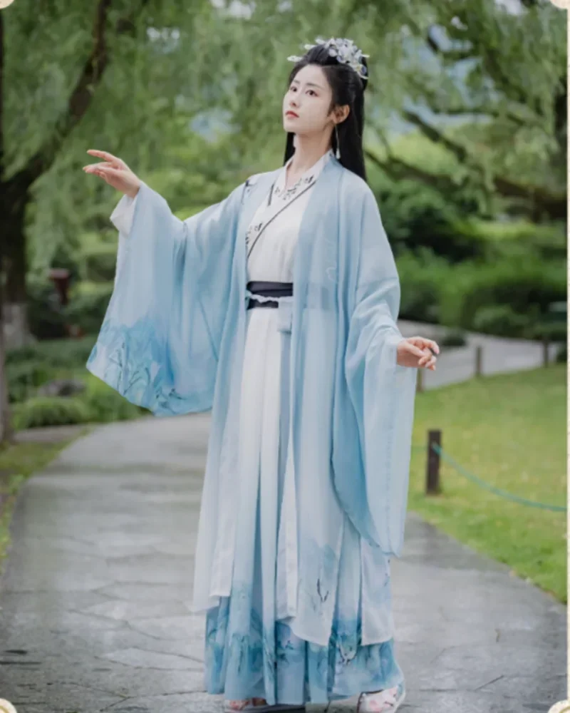 Hanfu Couples Chinese Traditional Cosplay Costume Ancient Hanfu Hanfu Gradient Blue 3pcs Sets For Men Women Plus Size 2XL