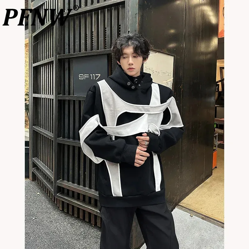 PFNW Menswear Black Deconstructed Colorblocking Design Hooded Sweatshirt Loose Fit Niche Design Pullover Tops Autumn New 12C1522